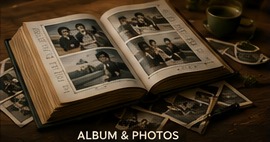 Open family album and old photographs