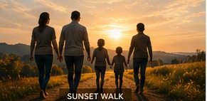 Family walking into a golden sunset