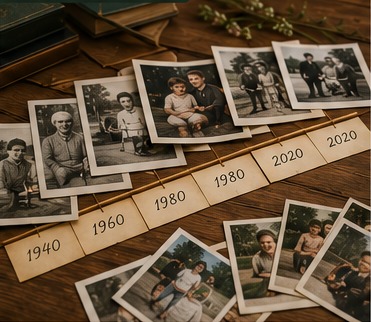 Family photographs arranged as a timeline