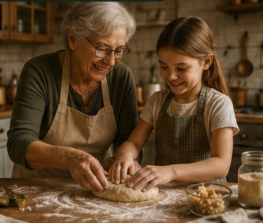 Grandparent teaching a family recipe to a child